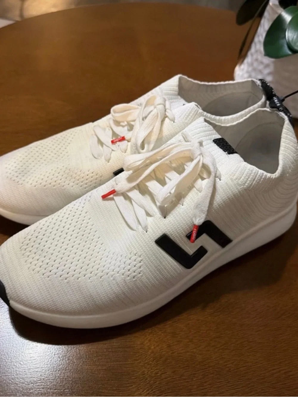 Knit Lace-Up Sneakers in Cream with Black Logo Accent